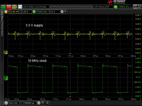 Rumore sull’alimentazione 3,3 V relativo al clock 10 MHz