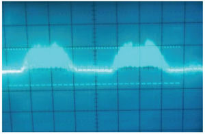 Fastidioso rumore a 120 Hz rilevato all’uscita dell’amplificatore (0,1 V/div, 2 ms/div).