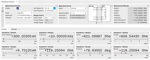 Schermata del software LabOne che visualizza in forma numerica le misure effettuate con l’analizzatore MFIA
